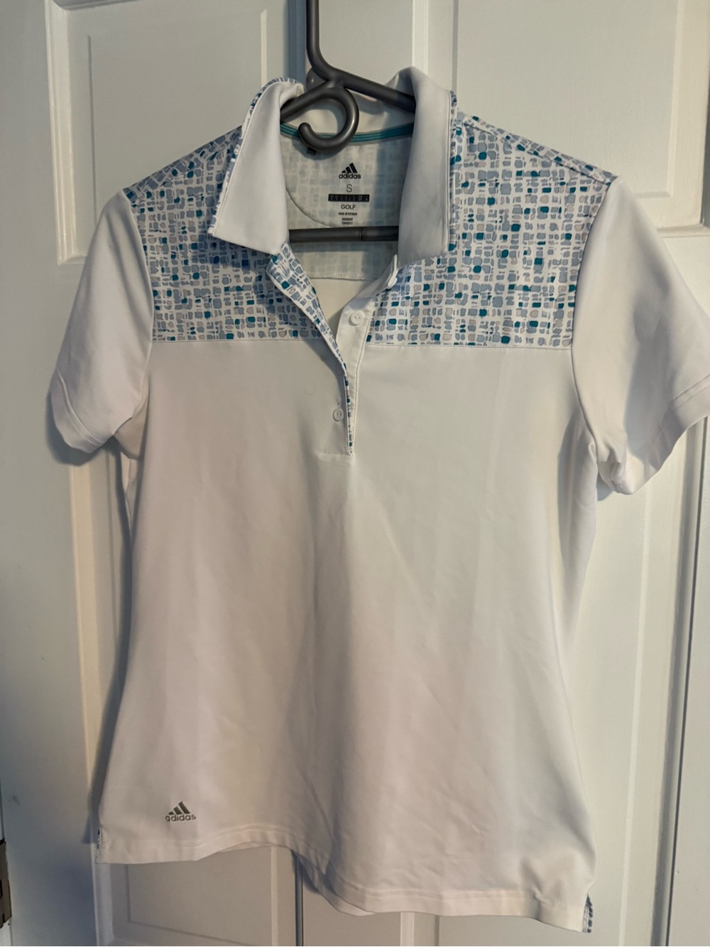 adidas White Polo with Blue Geometric Yoke women’s small